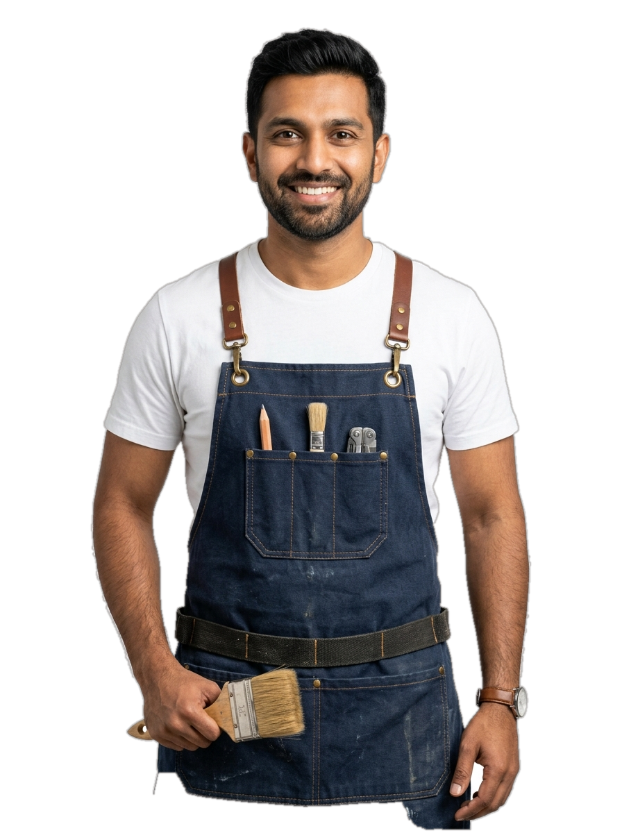 Smiling South Asian Painter Man in White T-Shirt and Canvas Apron Holding Paintbrush